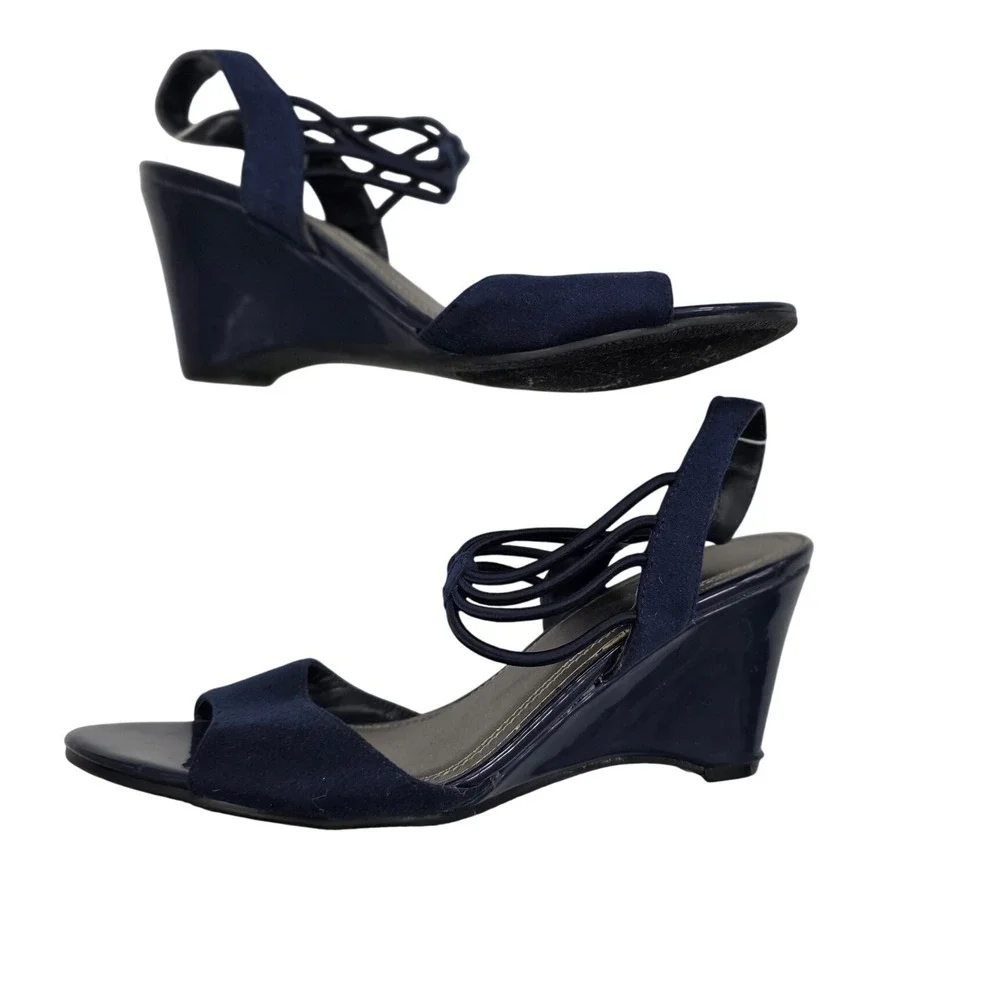 IMPO Vanolo Navy Blue Wedge Sandals Elastic Multi-Strap Dress Shoes Womens 7M